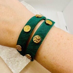 EUC Tory Burch Miller Stud Double Wrap Green Pony Hair Bracelet